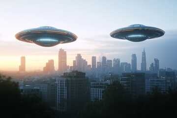 Fototapeta premium UFOs hovering over modern city skyline at sunset with futuristic lights and urban silhouettes, evoking themes of science fiction and extraterrestrial presence