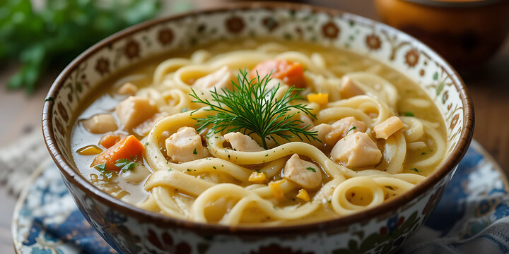 Russian lapsha chicken noodle soup with dill and handmade egg noodles in a painted bowl.