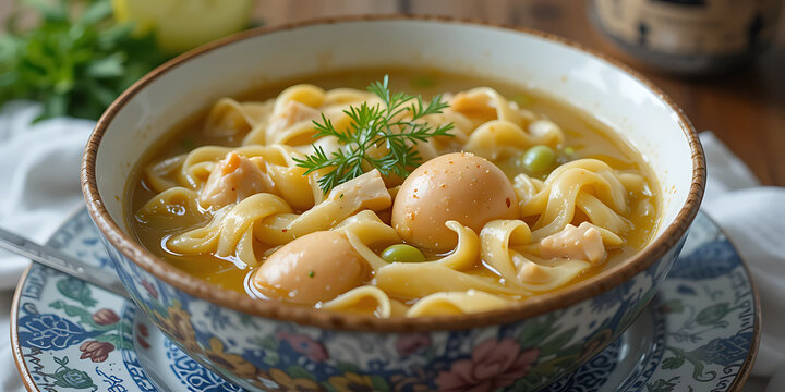 Russian lapsha chicken noodle soup with dill and handmade egg noodles in a painted bowl.