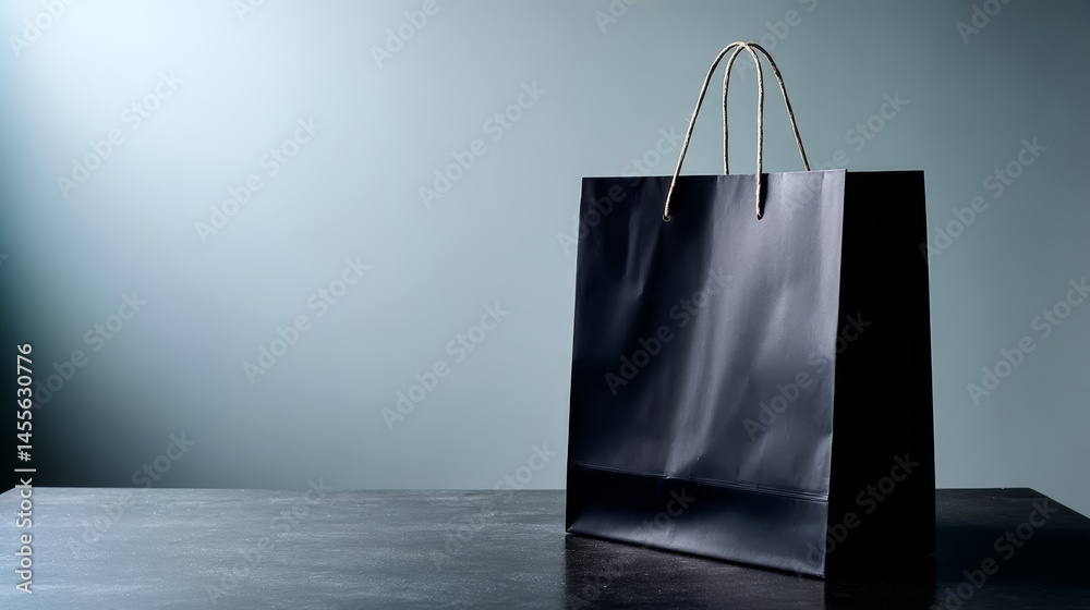 Poster A matte black shopping bag is centered on a dark surface, illuminated by soft spot lighting that creates subtle reflective shadows, perfect for showcasing products