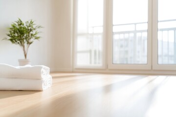 Fototapeta premium Bright and airy room featuring neatly stacked towels and potted