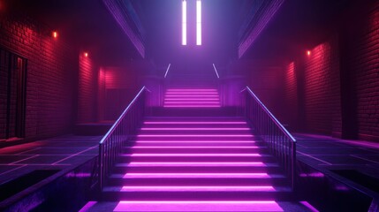 Neon pink illuminated stairs in futuristic setting