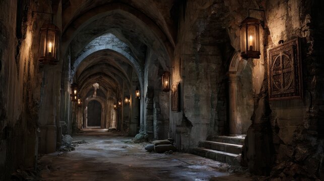 A stunning image of stunning image of stunning image of ancient stone hallway beneath a ruined monastery turned hospital, lit by old lanterns, with strange symbols carved into.