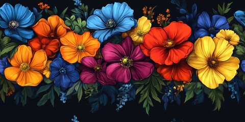 A vibrant floral seamless border with brightly colored flowers and dark foliage, creating a rich, decorative design. Ideal for blogs on gardening, events, or elegant branding.