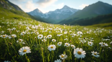 Fototapeta premium Field of Daisies Blooms Under the Bright Sky in the Mountainous Valley During Late Afternoon