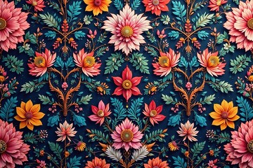 Intricate floral textile design, repeating seamlessly , seamless pattern, vintage