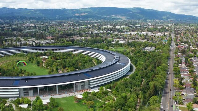 Aerial drone shot view of Cupertino San Jose Bay Area residential suburb town 32