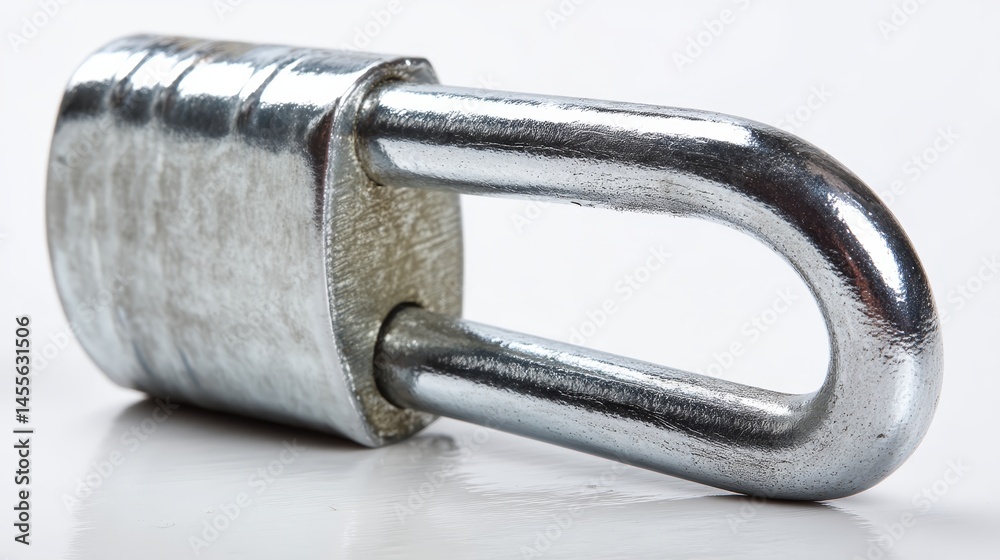 Poster a sleek silver lock icon glimmers on a smooth white background, reflecting light, with space on the 