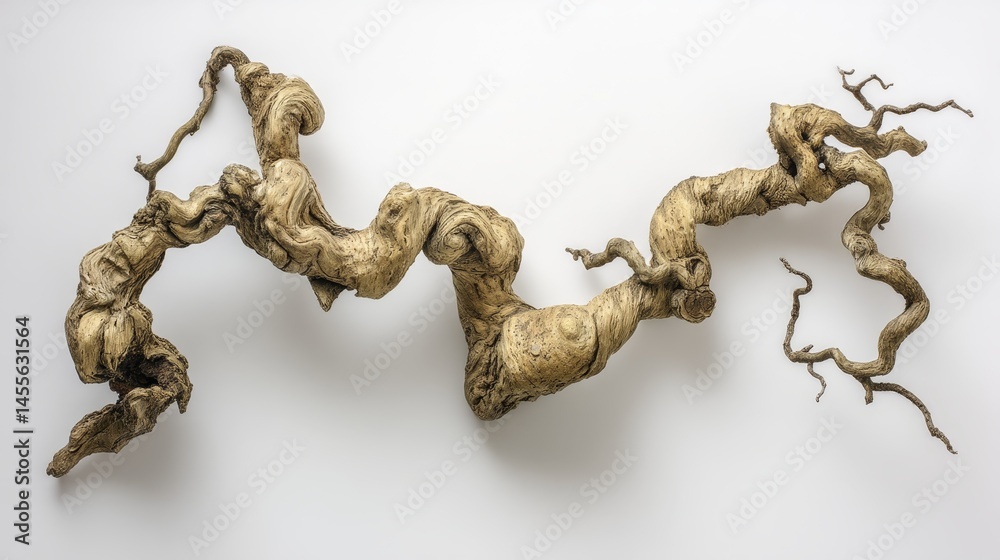 Poster Close-up view of a gnarled oak branch with unique twisting shapes and exposed roots, emphasizing its natural texture and form on a white backdrop