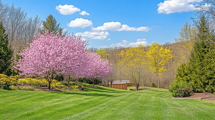 Obraz premium Springtime Beauty: Pink Blossoms, Green Lawn, and Blue Sky in a Serene Landscape Scene
