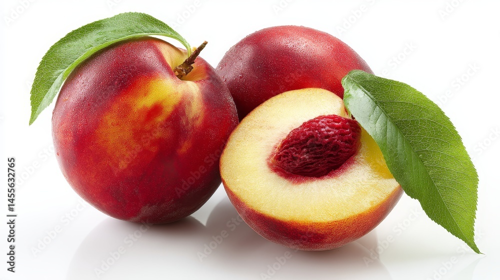 Poster close-up view of a whole ripe peach alongside a halved peach with a pit, featuring vibrant colors an