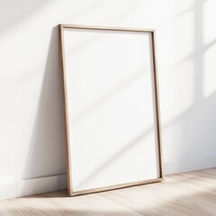 Beautiful Blank Picture Frame Leaning Against a Sunlit Wall in a Modern Room, Ready for Creative Artwork