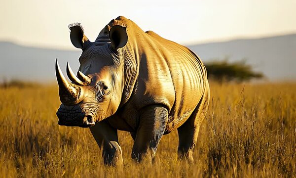 White Rhinoceros in Golden Grassland at Sunset