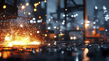 Intense molten metal pouring creates vibrant sparks and reflections in industrial setting