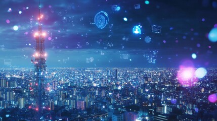 Nighttime City Skyline Illuminated by Colorful Lights and Digital Overlays Showcasing Technology and Connectivity Above the Urban Landscape