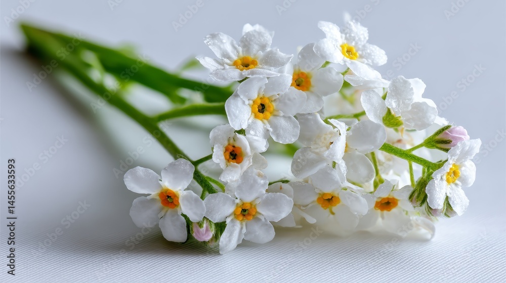 Poster a close-up view reveals a sprig of tiny white forget-me-nots with bright yellow centers against a pr