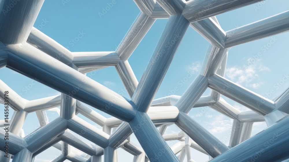 Fototapete Close-up view of a white geometric lattice with interconnected hexagonal patterns. The composition features a minimalist background and is ideal for creative projects