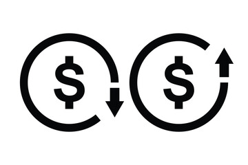 Obraz premium Dollar cost increase and decrease icon. Cash, loan, coin, dollar, saving, budget, earning money, revenue symbol. Money increase icon with arrow up symbol, dollar decrease icon. Vector illustrator 