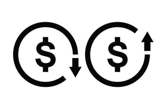 Dollar cost increase and decrease icon. Cash, loan, coin, dollar, saving, budget, earning money, revenue symbol. Money increase icon with arrow up symbol, dollar decrease icon. Vector illustrator 