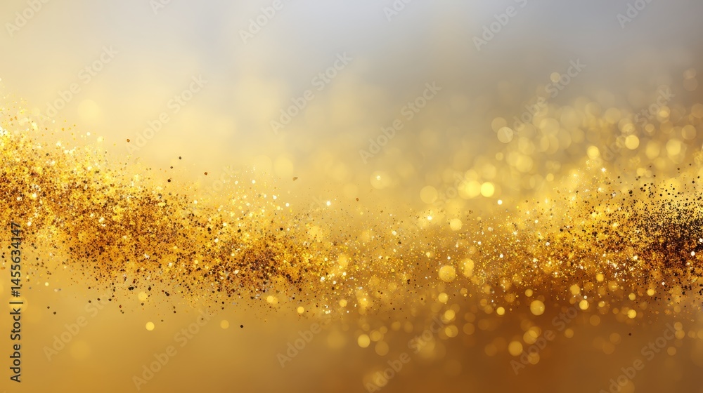 Poster Dynamic close-up view of a golden glitter bokeh background showcasing shimmering sparkles and soft light flares, ideal for creative design and decoration