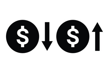 Dollar cost increase and decrease icon. Cash, loan, coin, dollar, saving, budget, earning money, revenue symbol. Money increase icon with arrow up symbol, dollar decrease icon. Vector illustrator 