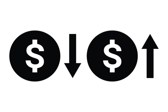 Dollar cost increase and decrease icon. Cash, loan, coin, dollar, saving, budget, earning money, revenue symbol. Money increase icon with arrow up symbol, dollar decrease icon. Vector illustrator 