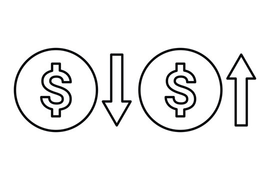Dollar cost increase and decrease icon. Cash, loan, coin, dollar, saving, budget, earning money, revenue symbol. Money increase icon with arrow up symbol, dollar decrease icon. Vector illustrator 