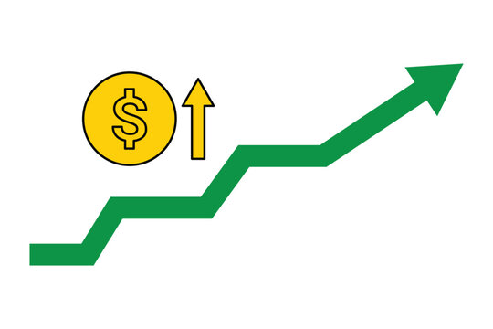 Money increase icon with arrow up symbol. Dollar coin graph up symbol. Rise cost vector illustration.