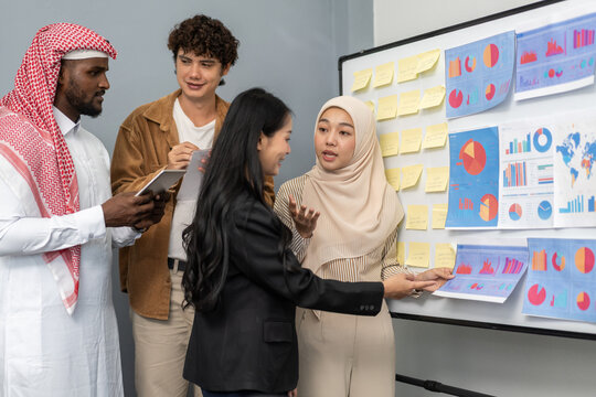 Diverse team analyzing charts and sticky notes on whiteboard during business meeting, arab, asian and muslim coworkers discussing data insights, teamwork, corporate strategy, startup planning session
