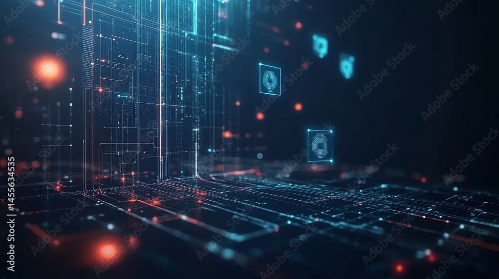 Aufkleber Digital Technology Design Featuring Glowing Lines and Data Elements in a Futuristic Cyber Environment During Nighttime