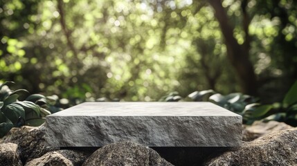 Natural Stone Platform Surrounded by Lush Greenery and Rocks in a Serene Forest Setting During Daylight Hours