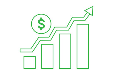 Money increase icon with arrow up symbol. Dollar coin graph up green graph chart symbol. Rise cost vector illustration.