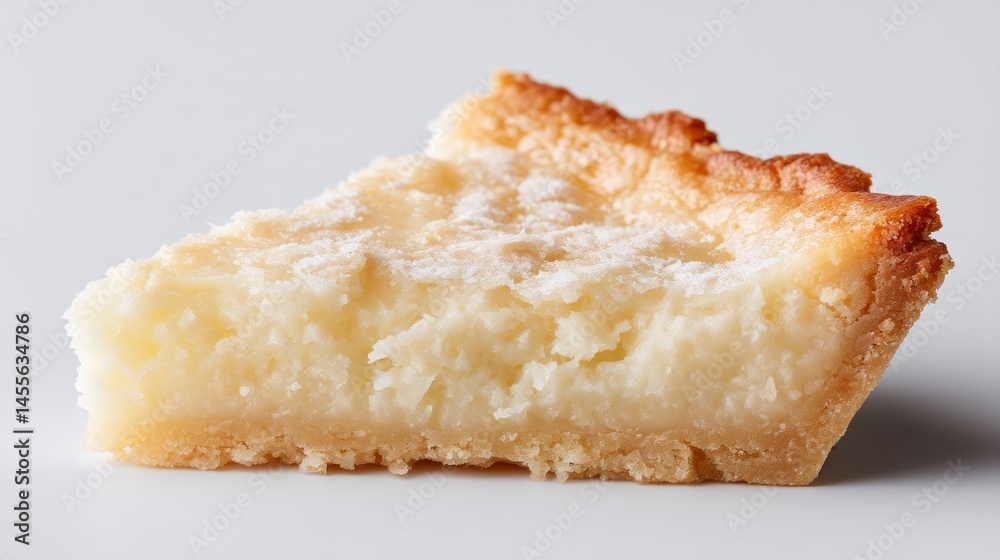 Poster a close-up view of a slice of creamy vanilla custard tart, showcasing its velvety texture and delica