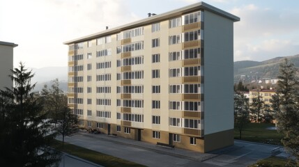 Modern Apartment Building Showcasing Contemporary Architecture Surrounded by Greenery in a Tranquil Neighborhood Setting During Daylight Hours