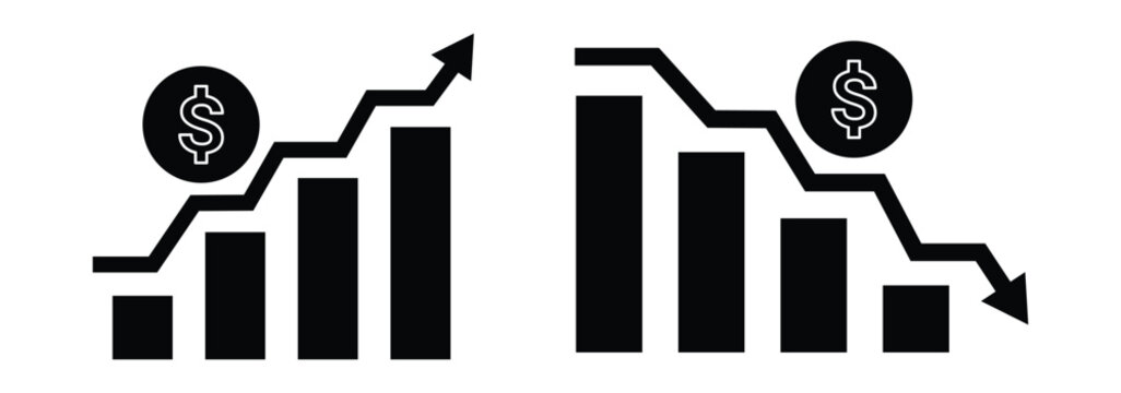 Cost growing bar graph increase and decrease flat icon isolated. Money increase or decrease icon set. Profit and lose money vector icons. Dollar coin graph up and down. 