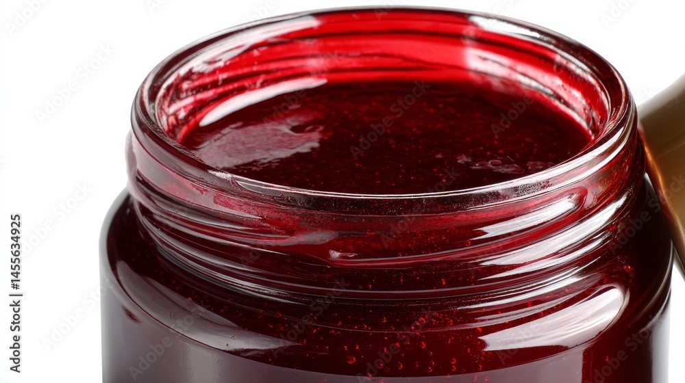 Poster a glass jar filled with dark raspberry preserves sits on a white surface, highlighting its rich text