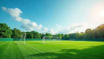 Fototapeta premium Two soccer goal posts, green field background, exercise, landscape, horizon
