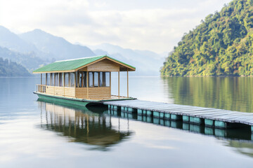 Obraz premium Serene houseboat hotel on tranquil lake surrounded by mountains and trees