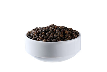 black pepper seeds in a ceramic bowl isolated on white background.