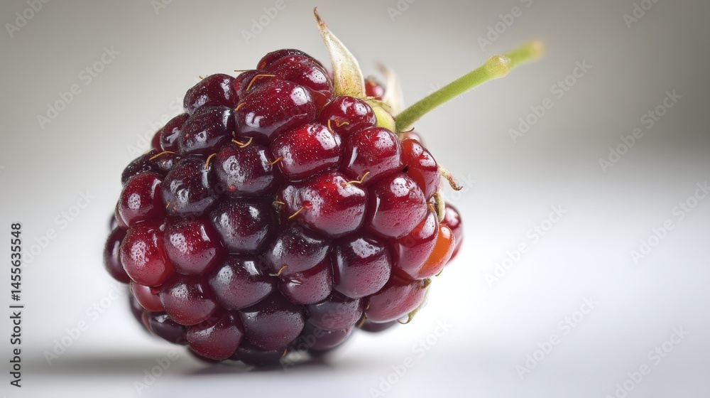 Aufkleber a single ripe blackberry with a green stem rests on a clean white surface, illuminated by soft light