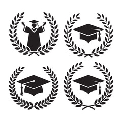 Fototapeta premium Set of Graduation logo. Laurel wreath university graduate cap black vector illustration