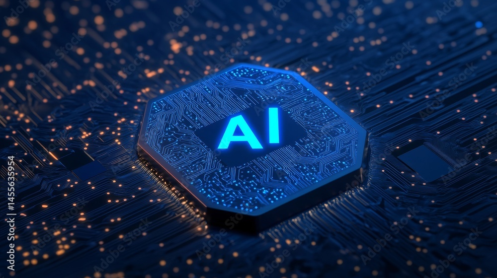 Poster digital circuit board featuring illuminated ai symbol representing advancements in artificial intell