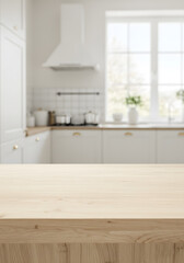 Fototapeta premium Light wood table, empty, Scandinavian kitchen, organic food, minimalist accessory space