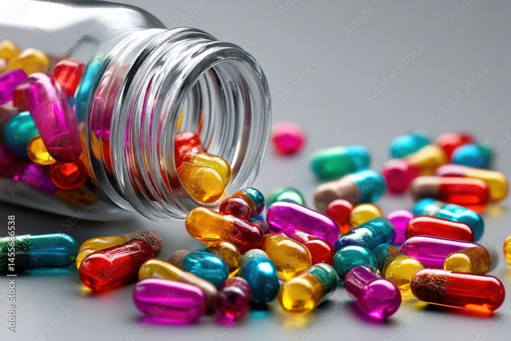 Leinwandbilder open pill bottle spills multicolored capsules on gray surface during bright daylight, showcasing var