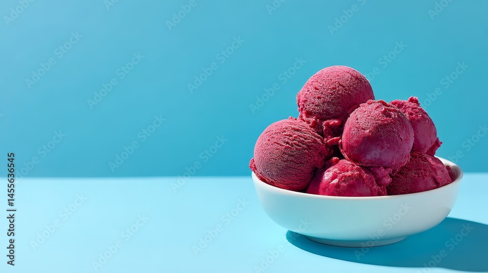 Poster multiple vibrant raspberry ice cream scoops are artistically piled in a bowl, showcasing rich color 