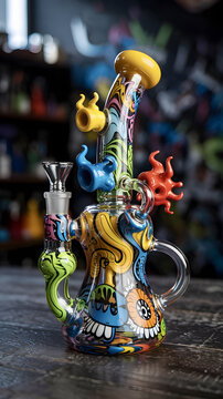 Colorful glass water pipe displayed on a table in a vibrant smoke shop with artistic decorations
