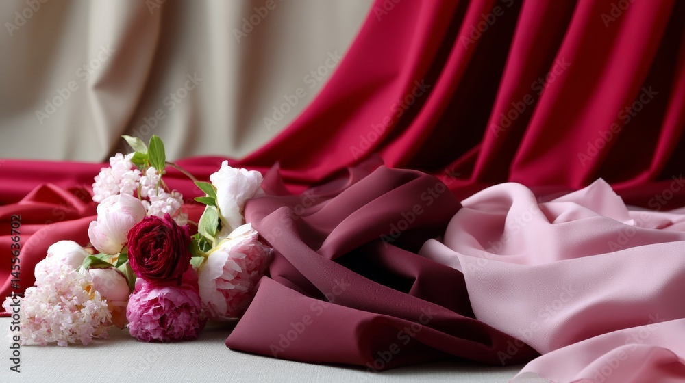Aufkleber close-up view of layered peonies and roses on textured fabric in deep pinks and reds captured in nat