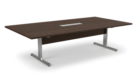 Brown conference table with silver legs and center console