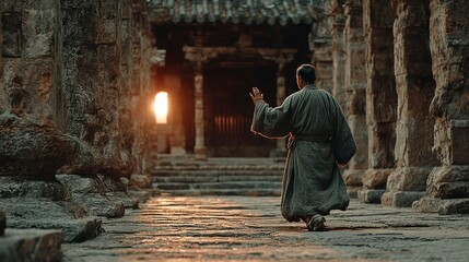 A figure in traditional attire walking through an ancient stone corridor towards a glowing ligh