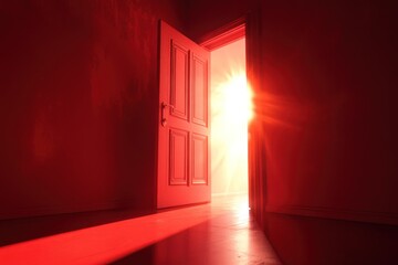 Obraz premium dramatic red tone background with bright open door, light shining through, 3d rendering